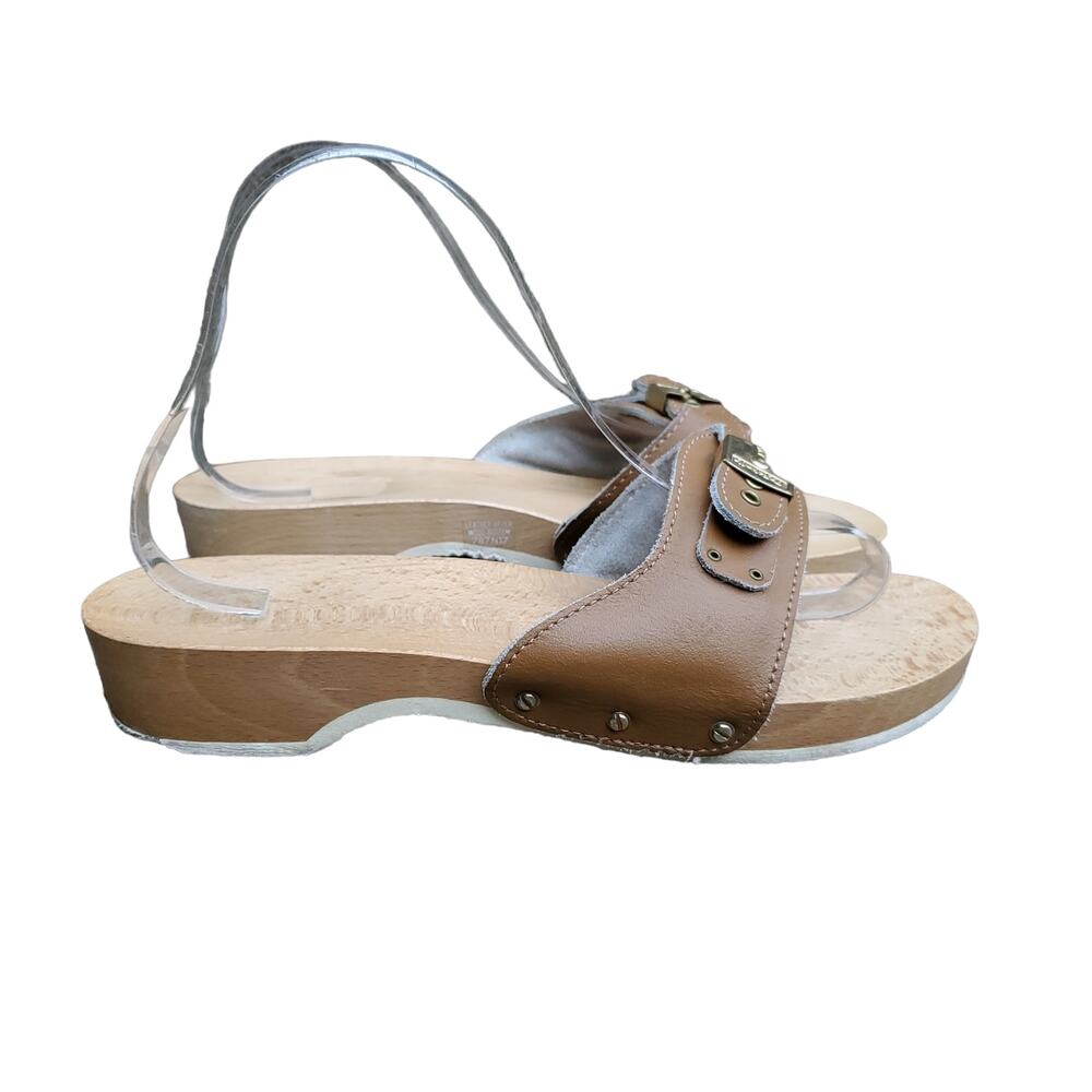 Vintage Dr Scholl’s Wooden Original Exercise Sandals Tan Brown Italy Scholls 9